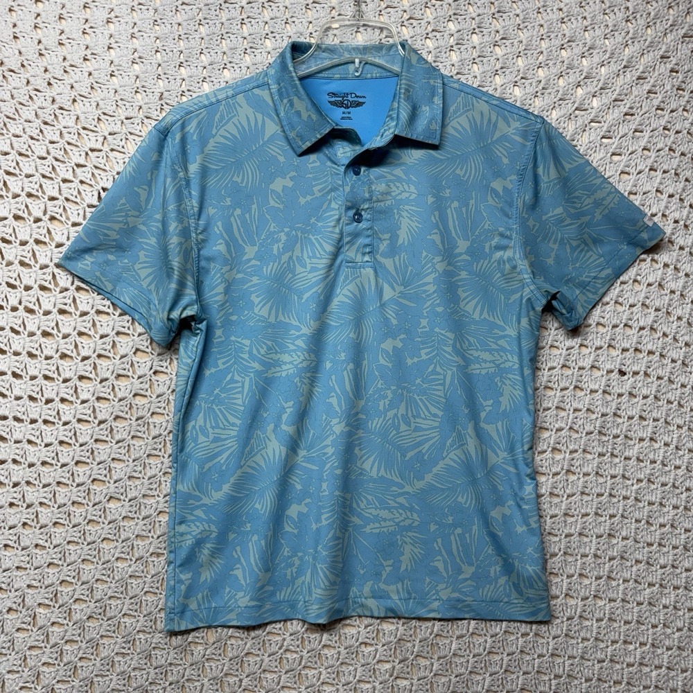 Straight Down Polo Shirt Mens Size M Blue Leaf Print Golf Short Sleeve